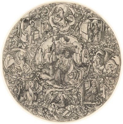 São João Batista no deserto com o Cordeiro de Deus, cercado pelos símbolos dos evangelistas e os quatro padres da Igreja de Master E.S.