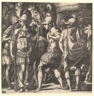 Alexandre dando as boas-vindas a Thalestris e às Amazonas, em meados do século XVI. de Master FG