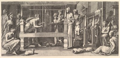 Mulheres a girar, a tecer e a coser, 1540-50. de Master FG