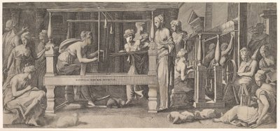 Mulheres fiando, tecendo e costurando, meados do século XVI. de Master FG