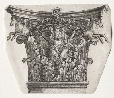 Base e Capital com Figura da Fama e Capital dos Cavalos Alados, c. 1525-1550. de Master G. A. with the man
