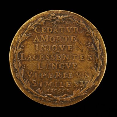 Inscrição em uma coroa de louros [reverso], 1555. de Master I.A.V.F.