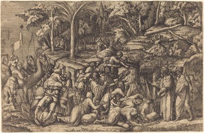 Moisés batendo na rocha de Master IV after Francesco Primaticcio