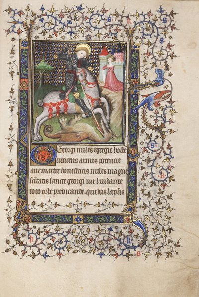 MS Widener 4 f.188r, St. George Fighting the Dragon, de um Livro das Horas, uso de Rennes, c.1405 (caneta e tinta e têmpera em pergaminho) de Master Lucon