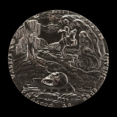 Book, Skull, Bones, and Rider in Landscape [reverso], 1526. de Master M.P.