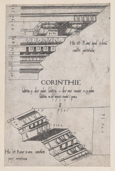 Speculum Romanae Magnificentiae: Entablatures from Santa Pudenziana and the Arch of Camigl..., 1537. de Master PS