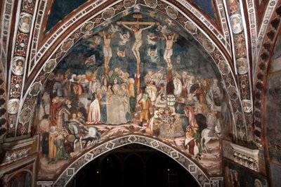 O Crucifixo Fresco do Mestre do Sacro Speco. Século XIV. Igreja Superior. Mosteiro de São Benedetto (Sacro Speco), Subiaco (Roma), Itália. de Master Trecentesco of Sacro Speco School