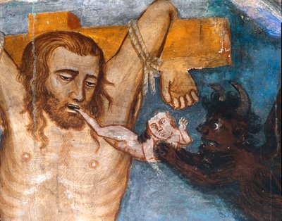 O ladrão não arrependido, crucifica com Jesus, sua alma é arrancada de sua boca por um demônio Representação do ladrão malvado chama de Gesmas ou Gestas. Fresco, pelo mestre do Sacro Speco. Século XIV. Igreja Superior. Mosteiro de São Benedetto (Sacro Spec de Master Trecentesco of Sacro Speco School