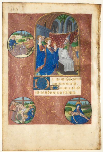 Folha de um livro de horas: apresentação no templo com roundels do lançamento de lotes..., c1460 de Master of Adélaïde de Savoie