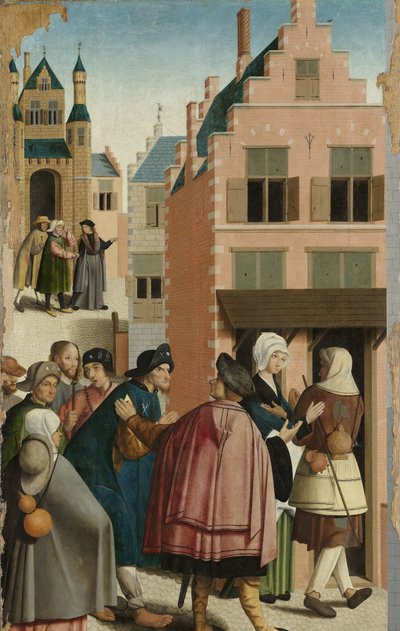 As sete obras de misericórdia Painel de um políptico com as sete obras de misericórdia: o alojamento dos viajantes de Master of Alkmaar