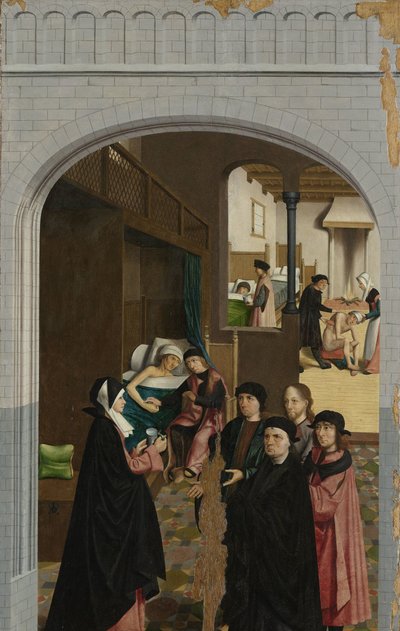 As sete obras de misericórdia Painel de um políptico com as sete obras de misericórdia: visitar os enfermos de Master of Alkmaar