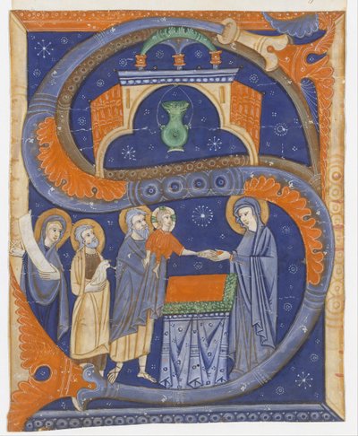 Iluminação do manuscrito com a Apresentação de Cristo no Templo em um S. Inicial, ca. 1278. de Master of Bagnacavallo