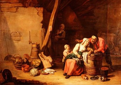 Um celeiro com um camponês a provocar uma velhota. de Master of Beguins