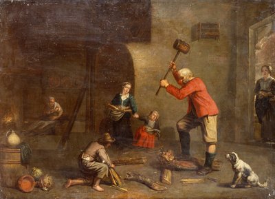 Uma cozinha com um Velho Cortando Madeira (óleo sobre tela) de Master of Beguins