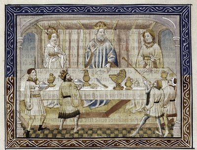 César Augusto, sua esposa e filho à mesa De: Jean Hayton, Flor de histórias da terra do Oriente, c.1410 de Master of Berry Apocalypse
