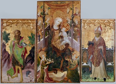 Virgem com criança, São João Batista e Santo Ambrósio - Altarpe com três painéis, por volta de 1430 de Master of Burgo de Osma