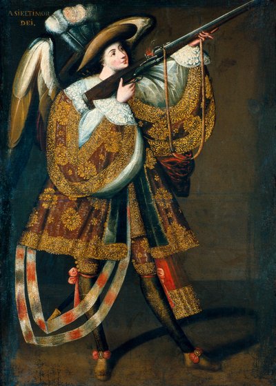 O anjo arcabuzeiro, parte de uma série de pinturas do Mestre de Calamarca de Master of Calamarca