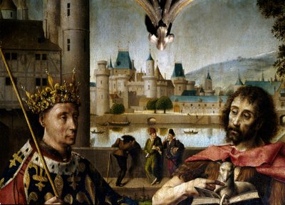 Crucificação de Cristo na cruz rodeada por São João Baptista, São Denis, Carlos I o Grande (Carlos Magno), Luís IX (São Luís), Santa Madalena, Santa Marte Marte - Detalhe representando São Luís e São João Baptista - Peça Altar do P de Master of Dreux Bude (active c.1425 d.1450)