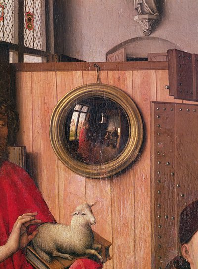 São João Batista e o Doador, Heinrich von Werl, do Retábulo dos Lobisomens, detalhe do espelho, c.1438 (ver também 36923) de Master of Flémalle