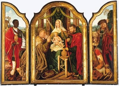 A Sagrada Família com Melchior oferecendo ouro ao Menino Jesus de Master of Frankfurt