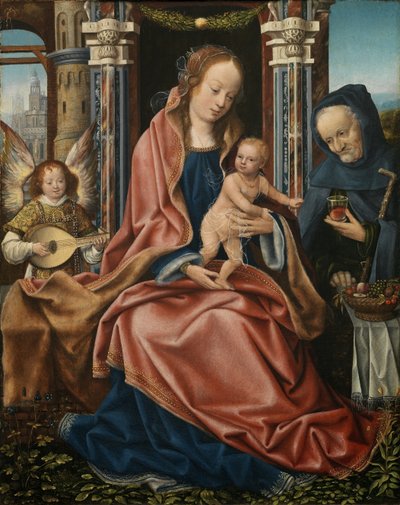 Tríptico da Sagrada Família, com música fazendo anjos. Painel central, ca 1510-1520 de Master of Frankfurt