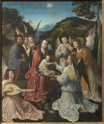 Sagrada Família com Anjos e Santos Tríptico Catarina e Bárbara, painel central, século XVI. de Master of Hoogstraeten