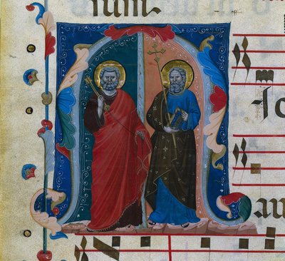 Folha de um Gradual com inicial historiada M: SS. Pedro e André, c. 1320-1340. de Master of Isaac and Esau