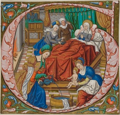O nascimento da Virgem em uma inicial "G" historiada de um antifonal de Master of Jacques de Besançon