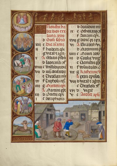 Página do calendário de novembro; Debulha e alimentação dos porcos; Sagitário de Master of James IV of Scotland