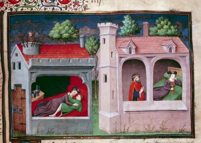 Cena galante: dois casais conversando. Página de um manuscrito em francês do “Decameron” de Giovanni Boccaccio dit Jean Boccace (1313-1375), escritor italiano, iluminado pelo Mestre de Mansel. 1450. Paris, Biblioteca do Arsenal de Master of Jean Mansel