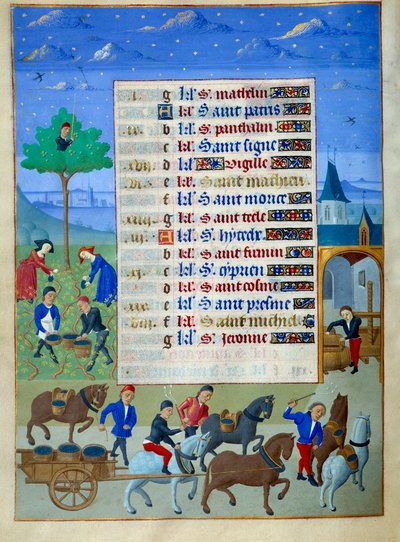 Página de colheita e transporte do manuscrito iluminado do "Livro de Horas da Duquesa de Borgonha, Adelaide de Sabóia" do Mestre de Adelaide de Sabóia (século XV) e do Mestre de Jean Rolin (século XV) de Master of Jean Rolin II