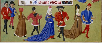 Maio: os cortesãos caminham. Detalhe de uma página manuscrita iluminada tirada do "Livro de Horas da Duquesa de Borgonha, Adelaide of Savoy" pelo Mestre de Adelaide of Savoy (século XV) e pelo Mestre de Jean Rolin (século XV) de Master of Jean Rolin II