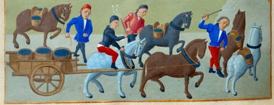 A vindima e o transporte Detalhe de uma página manuscrita iluminada tirada do "Livro de Horas da Duquesa de Borgonha, Adelaide de Savoy" pelo Mestre de Adelaide de Savoy (século XV) e pelo Mestre de Jean Rolin (século XV) de Master of Jean Rolin II