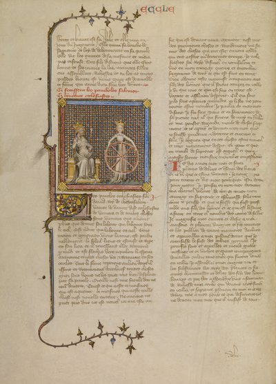 Salomão com uma figura feminina coroada segurando uma roda que ilustra a viragem das estações de Master of Jean de Mandeville