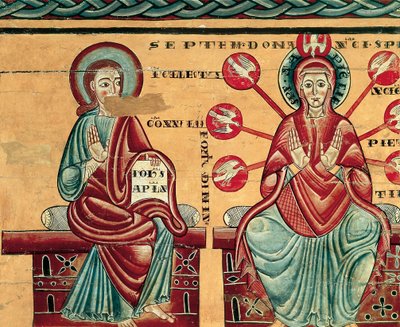 Maria recebendo os dons do Espírito Santo, detalhe (tempera sobre madeira) de Master of Lluca