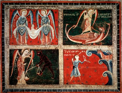 Os Arcanjos Rafael, Michel e Gabriel (Arcanjos Miguel, Gabriel e Rafael) Pintura do mestre de Llussa (Pintura do mestre de Llussa) 1220-1250 Do mosteiro de Santa Maria de Lluca, Espanha Barcelona Museu Nacional d