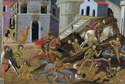Tarquin le Superbe (mort en 495 avant JC) - A expulsão de Tarquin e sua família de Roma - Mestre de Marradi (Maestro di Marradi) (ativo 1470-1513) - Final do 15º cen. - Tempera em painel - 41x65,5 - Coleção Privada de Master of Marradi