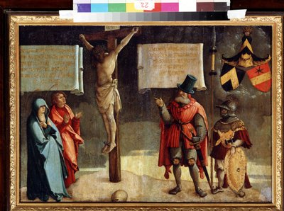 Crucificação com os Doadores. Crucificação com os Doadores. Pintura pelo Mestre de Messkirch (ca. 1500-1543). Óleo sobre madeira. Arte renascentista alemã. Museu de Belas Artes, Pushkin, Moscovo de Master of Messkirch