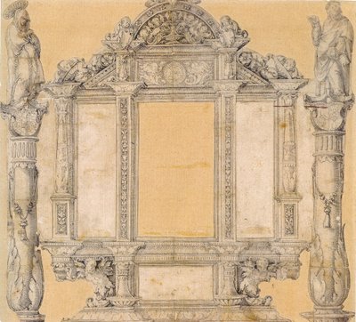 Alemão: Entwurf für das Rahmenwerk des ehemaligen Hochaltarretabels von St. Martin in Meßkirch Projeto para a estrutura do antigo retábulo do altar-mor de St. Martin in Messkirch de Master of Messkirch