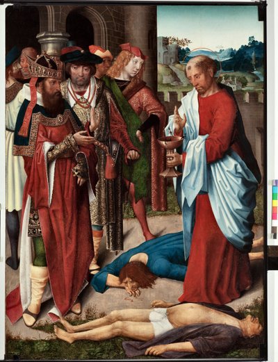 Episódio da vida do evangelista São João: “O milagre da taça de veneno” (Vida de São João evangelista, São João bebe uma taça de veneno) Pintura do mestre de São João evangelista (São João Evangelista) (final do séc. século) Dim 120x90 cm Gen de Master of Saint John Evangelist