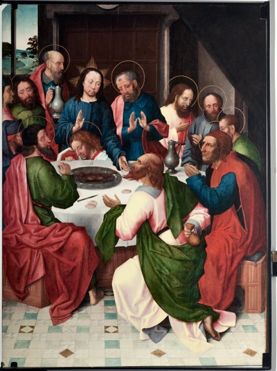 La cene (A última ceia) Pintura do mestre de San Giovanni evangelista (São João Evangelista) (final do século XV) Dim 120x90 cm Genes, Musei di Strada Nuova (ex Palazzo Bianco) inv n PB 156 de Master of Saint John Evangelist
