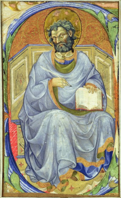 Historiated inicial &39;S&39; representando um evangelista sentado de Master of San Michele of Murano