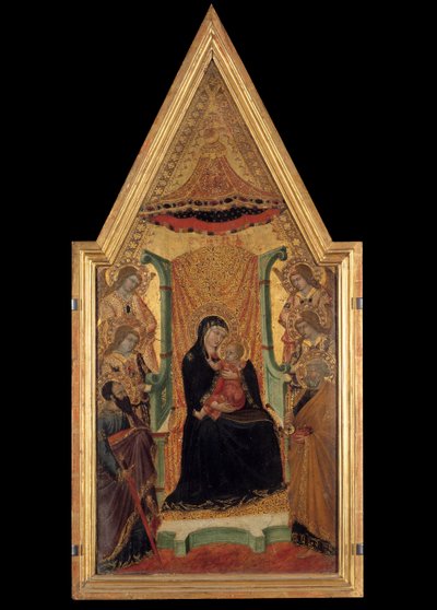 A Virgem em majestade entre São Paulo, São Pedro e quatro anjos, retábulo do mestre de Santa Maria (século XIV). Dim 0,28 x 0,58 m. Avignon, Musee du Petro Palais de Master of Santa Maria di Castello