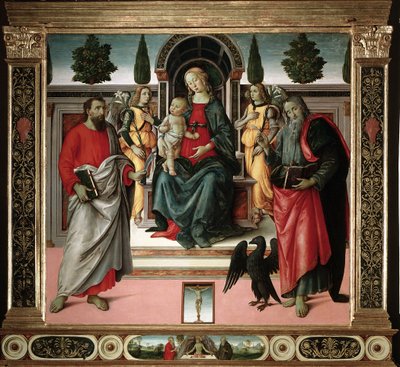Virgem com criança com São João e São Bartolomeu Pintura do mestre do Santo Espírito (século XV) Florença, Igreja do Santo Espírito, Itália de Master of Santo Spirito