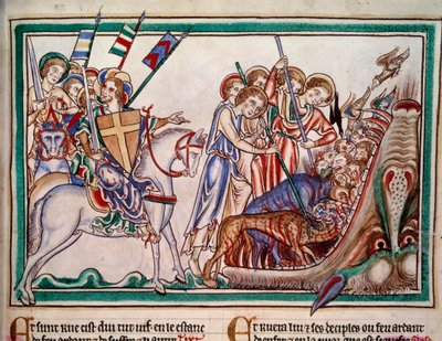 O Senhor e a Sua Armee (ost) precipitando a Bete e os Seus adoradores no Inferno. Minatura do manuscrito "Apocalypse historiee", Folio 38. 1250. Iluminação do Mestre de Sarum. Paris, NL de Master of Sarum