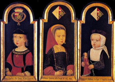 Arquiduque Charles, o mais tarde Sacro Imperador Romano Carlos V., com suas irmãs Eleanor e Isabella na idade de 2 anos, 1502 de Master of St.Georgsgilde