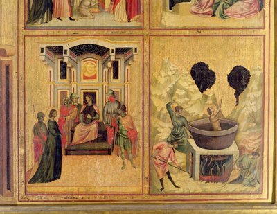 Santa Cecília e cenas de sua vida: duas cenas mostrando São Cecília trazida diante do prefeito e o martírio de Santa Cecília, c.1300 detalhe de 50346 de Master of St. Cecilia
