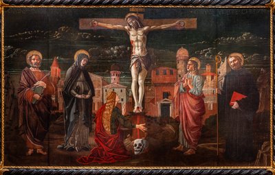 Cristo crucificado entre São Pedro, a Virgem, Maria Madalena, São João o apóstolo e São Bento de Master of St. Peter in Vicenza