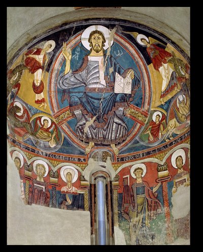 Cristo em Majestade ladeado por serafins e símbolos dos Evangelistas, apse fresco de San Climente em Taull (Tahull) Catalunha, c.1123 (fresco) de Master of Tahull