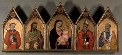 Virgem e Criança com Santos (tempera no painel) de Master of Terenzano
